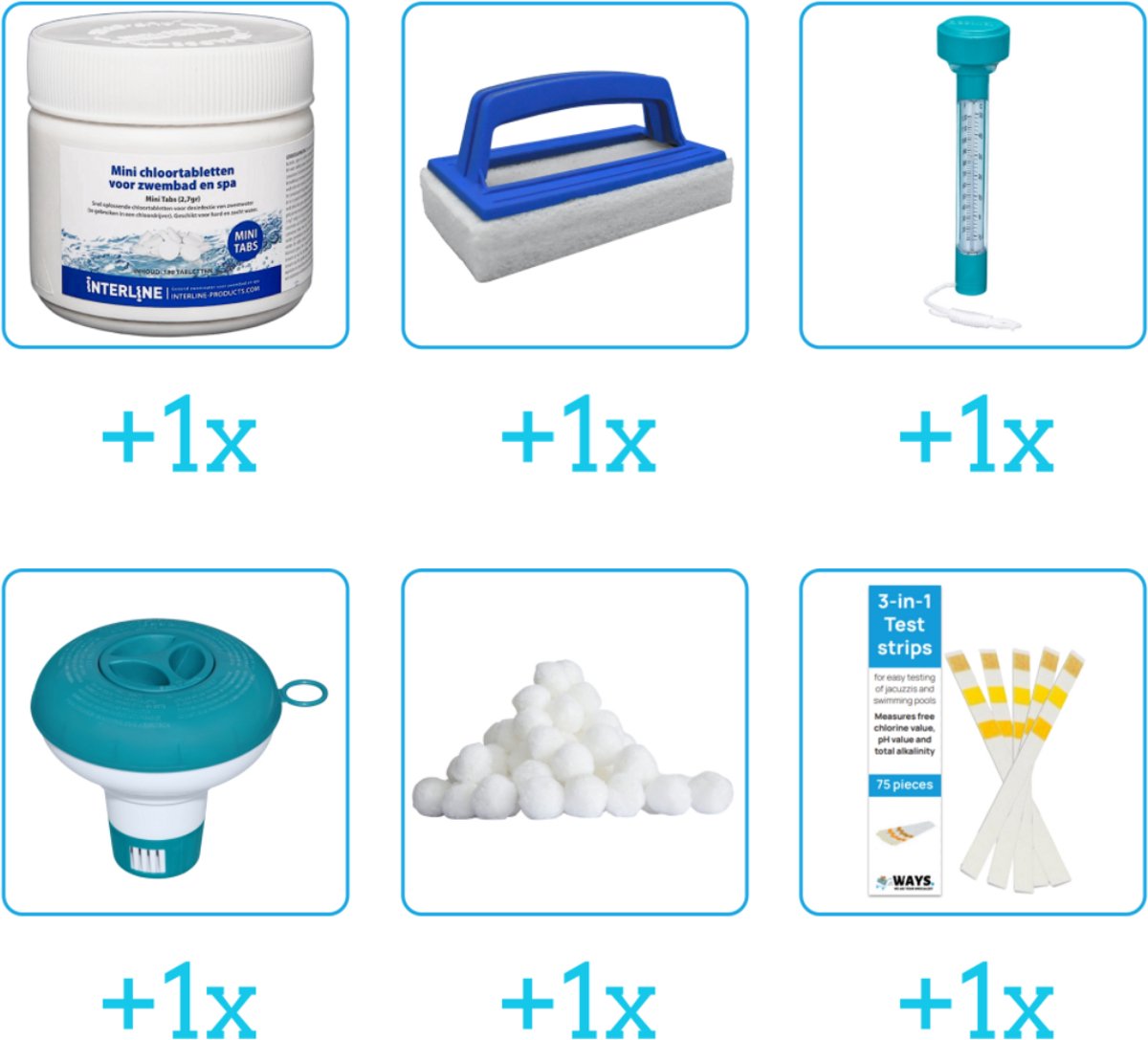 Zwembad Onderhoudsset - Startersset bevat Chloor - Scrubborstel - Thermometer en Chloordrijver - Filterbollen - Testrips - Interline Onderhoud Starterspakket - Voor zwembaden en Spas - Voor kleinere zwembaden tot 2500 liter (6-delig)