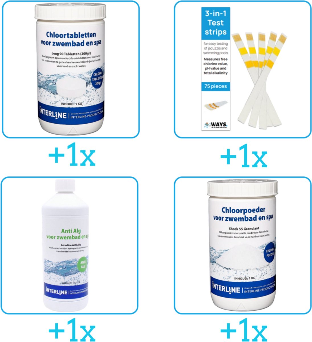 Zwembad Onderhoudsset - Startersset bevat Chloor - Testrips - Anti Alg en Chloor - Interline Onderhoud Starterspakket - Chloortabletten - Geschikt voor zwembaden met meer dan 25.000 liter (4-delig)