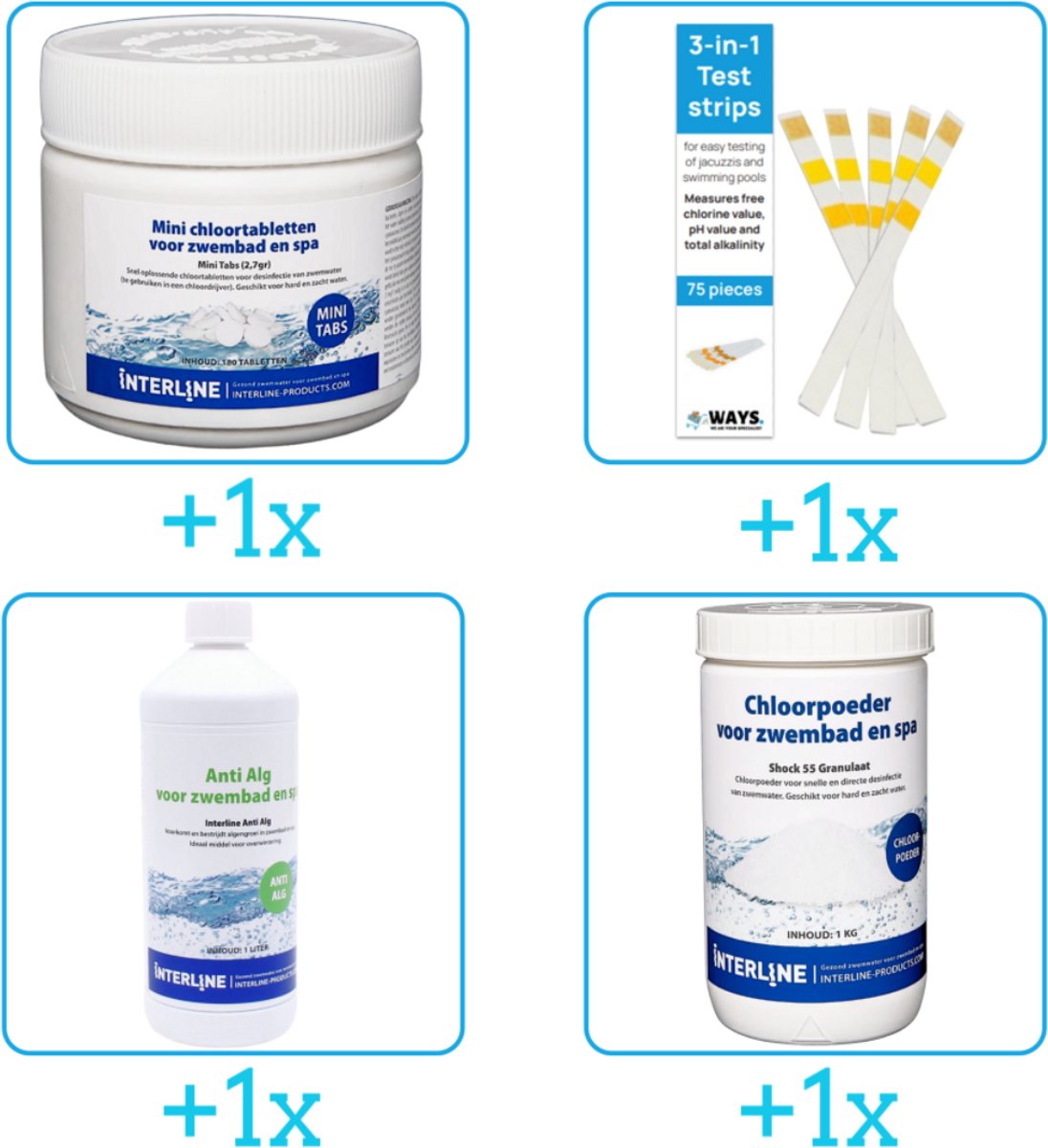 Zwembad Onderhoudsset - Startersset bevat Chloor - Testrips - Anti Alg en Chloor - Interline Onderhoud Starterspakket - Voor zwembaden en Spas - Voor kleinere zwembaden tot 2500 liter (4-delig)