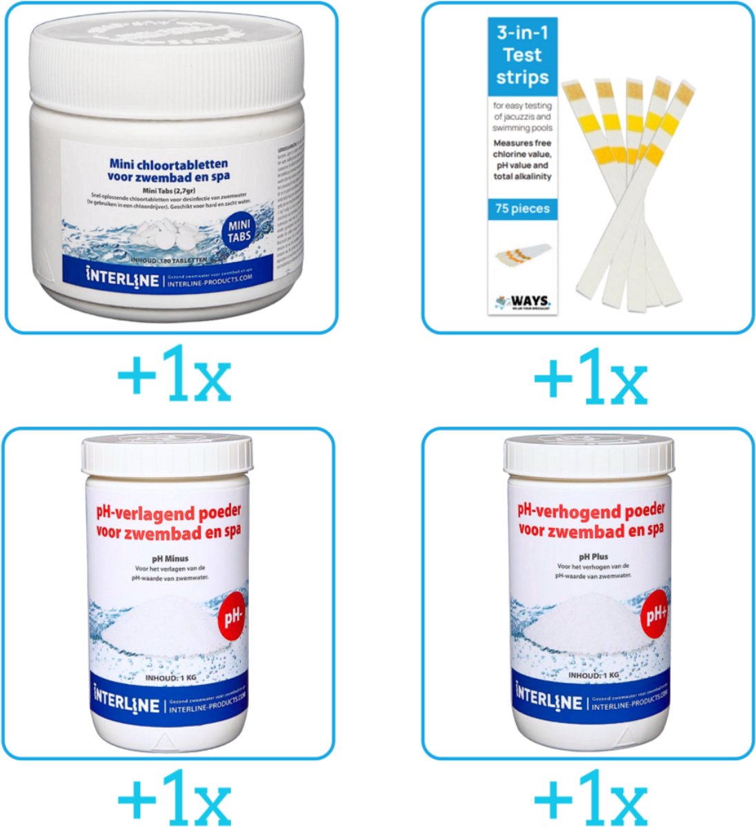 Zwembad Onderhoudsset - Startersset bevat Chloor - Testrips - PH-min en PH-plus - Interline Onderhoud Starterspakket - Voor zwembaden en Spas - Voor kleinere zwembaden tot 2500 liter (4-delig)