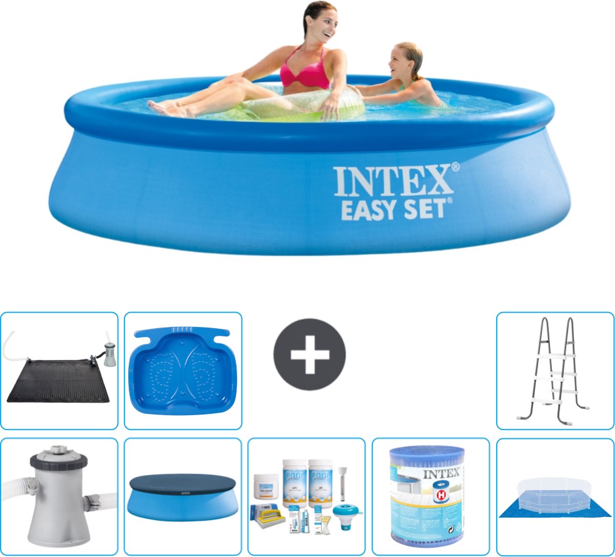 Intex Rond Opblaasbaar Easy Set Zwembad - 244 x 61 cm - Blauw - Inclusief Pomp Afdekzeil - Onderhoudspakket - Filter - Grondzeil - Solar Mat - Ladder - Voetenbad
