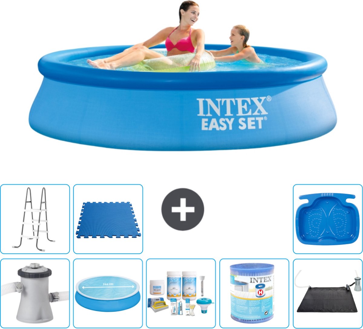 Intex Rond Opblaasbaar Easy Set Zwembad - 244 x 61 cm - Blauw - Inclusief Pomp Solarzeil - Onderhoudspakket - Filter - Solar Mat - Ladder - Voetenbad - Vloertegels