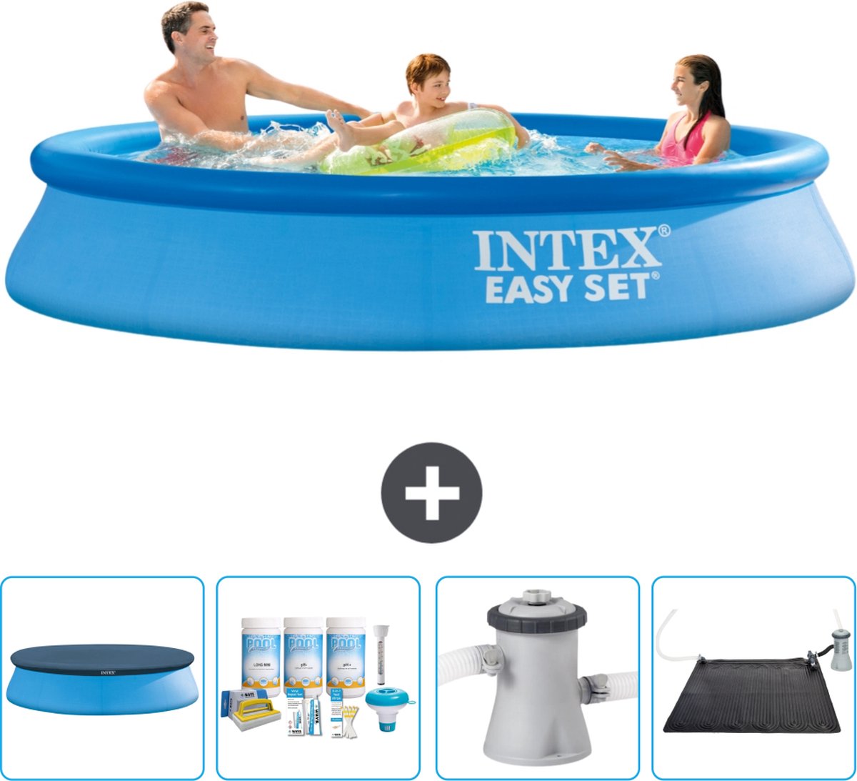 Intex Rond Opblaasbaar Easy Set Zwembad - 305 x 61 cm - Blauw - Inclusief Afdekzeil - Onderhoudspakket - Zwembadfilterpomp - Solar Mat