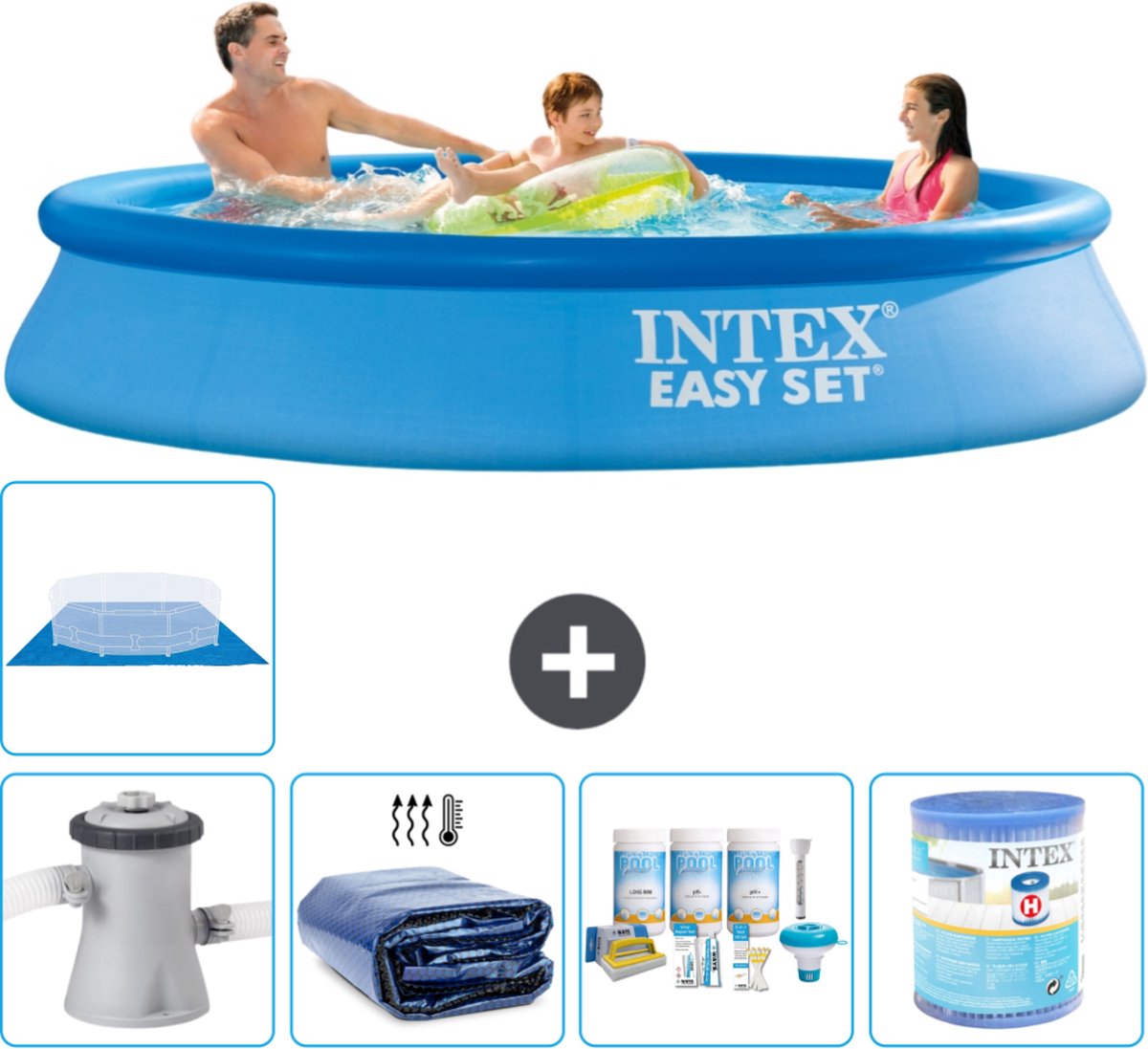 Intex Rond Opblaasbaar Easy Set Zwembad - 305 x 61 cm - Blauw - Inclusief Pomp Solarzeil - Onderhoudspakket - Filter - Grondzeil - Solar Mat
