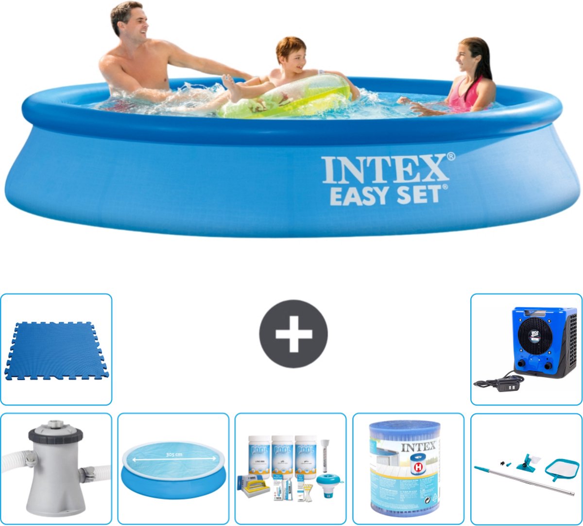 Intex Rond Opblaasbaar Easy Set Zwembad - 305 x 61 cm - Blauw - Inclusief Pomp Solarzeil - Onderhoudspakket - Filter - Schoonmaakset - Vloertegels - Warmtepomp