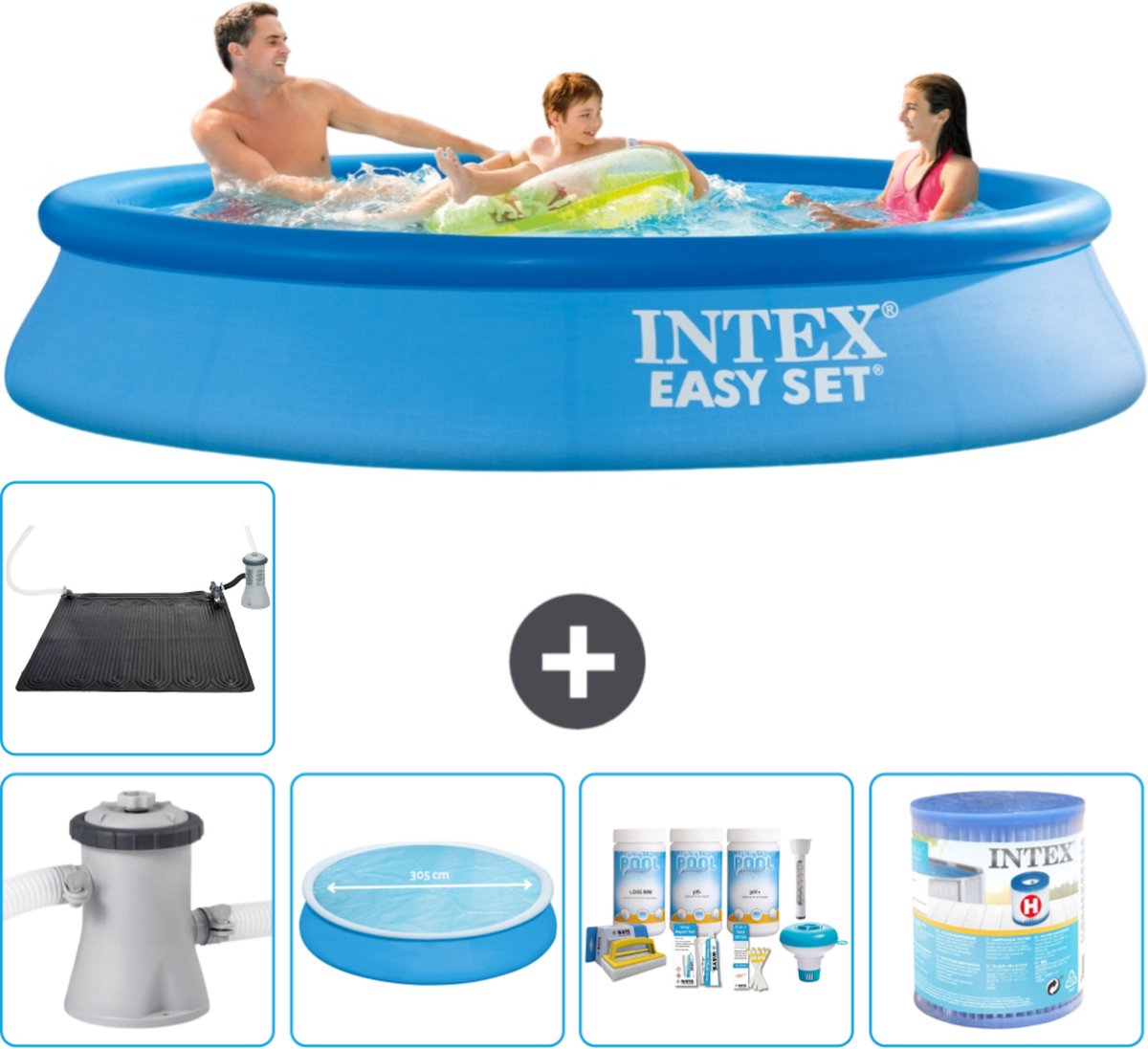 Intex Rond Opblaasbaar Easy Set Zwembad - 305 x 61 cm - Blauw - Inclusief Pomp Solarzeil - Onderhoudspakket - Filter - Solar Mat - Vloertegels