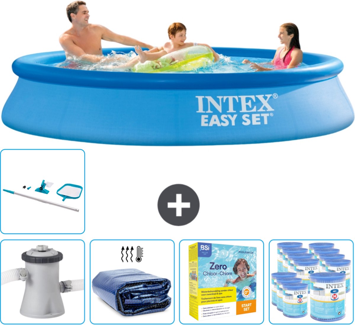 Intex Rond Opblaasbaar Easy Set Zwembad - 305 x 61 cm - Blauw - Inclusief Pomp Solarzeil - Onderhoudspakket - Filters - Schoonmaakset