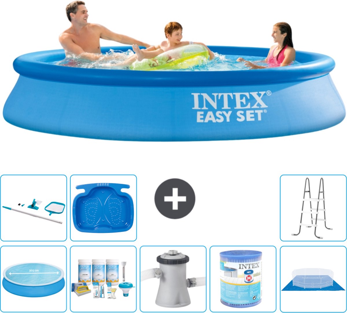 Intex Rond Opblaasbaar Easy Set Zwembad - 305 x 61 cm - Blauw - Inclusief Solarzeil - Onderhoudspakket - Zwembadfilterpomp - Filter - Grondzeil - Schoonmaakset - Ladder - Voetenbad