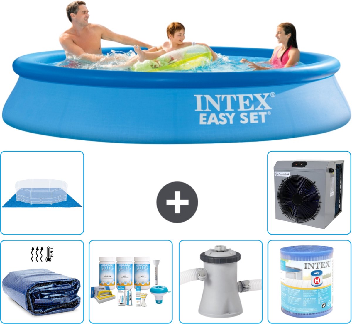 Intex Rond Opblaasbaar Easy Set Zwembad - 305 x 61 cm - Blauw - Inclusief Solarzeil - Onderhoudspakket - Zwembadfilterpomp - Filter - Grondzeil - Warmtepomp
