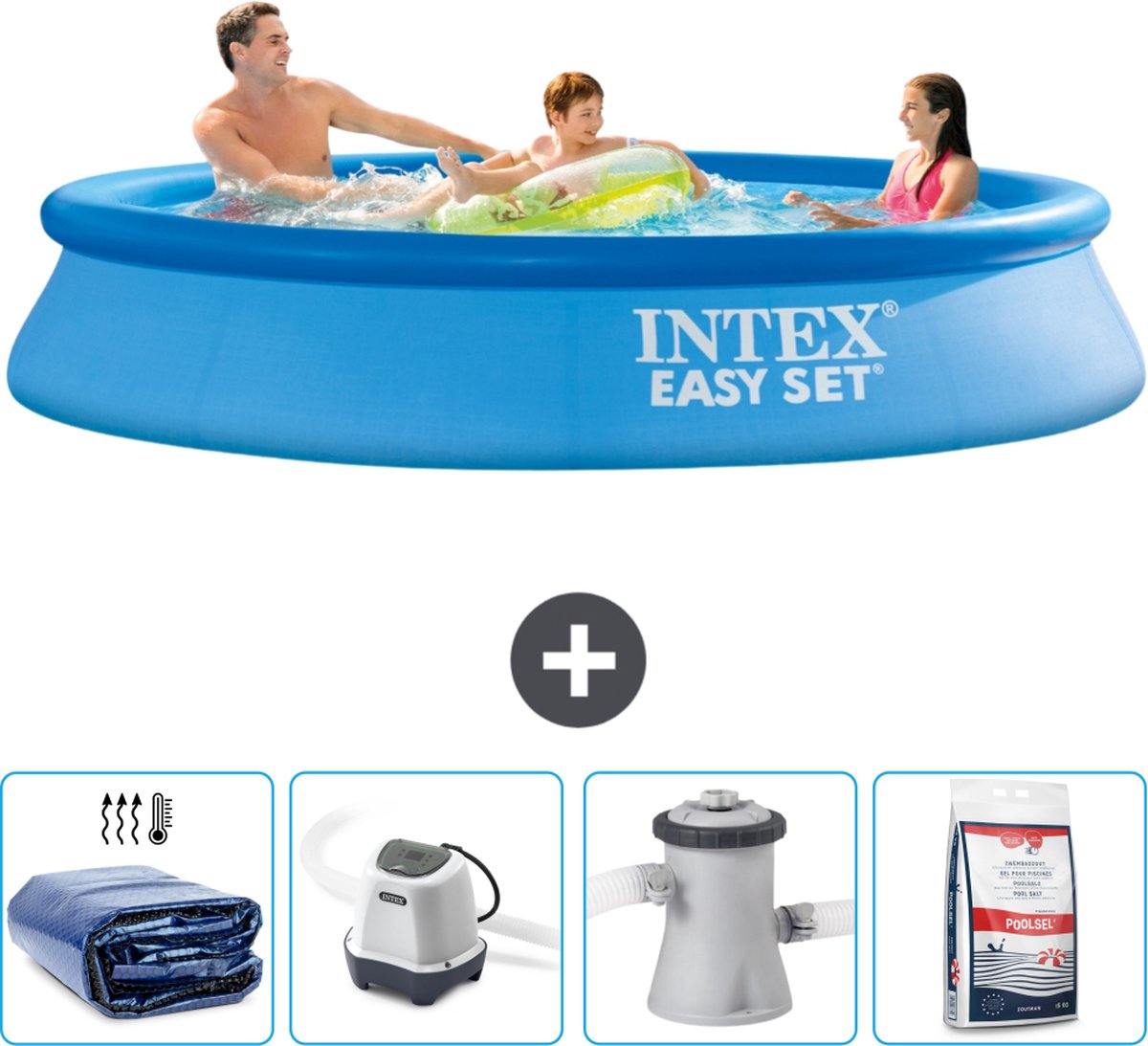 Intex Rond Opblaasbaar Easy Set Zwembad - 305 x 61 cm - Blauw - Inclusief Solarzeil - Zoutwatersysteem - Zwembadfilterpomp - Zwembadzout