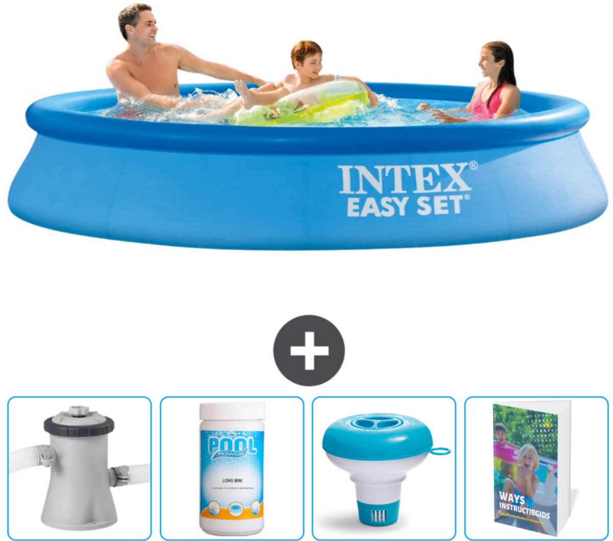 Intex Rond Opblaasbaar Easy Set Zwembad - 305 x 61 cm - Blauw - Inclusief Zwembadfilterpomp - Chloor - Chloordrijver - Zwembadgids