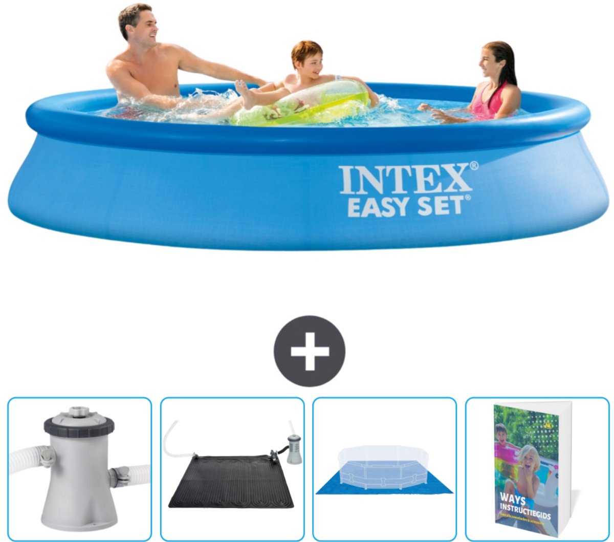 Intex Rond Opblaasbaar Easy Set Zwembad - 305 x 61 cm - Blauw - Inclusief Zwembadfilterpomp - Solar Mat - Grondzeil - Zwembadgids