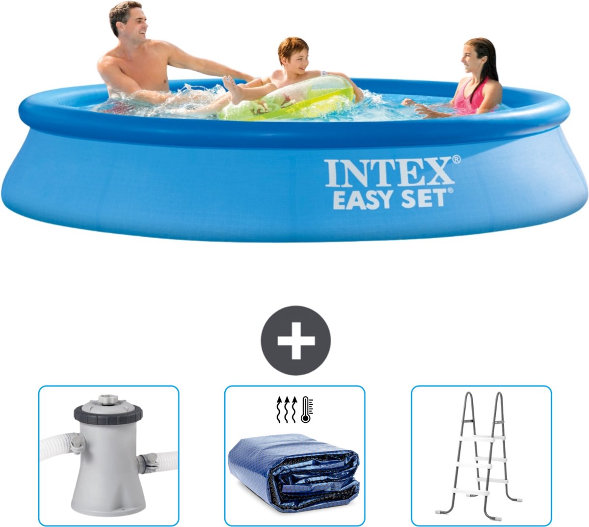 Intex Rond Opblaasbaar Easy Set Zwembad - 305 x 61 cm - Blauw - Inclusief Zwembadfilterpomp - Solarzeil - Ladder