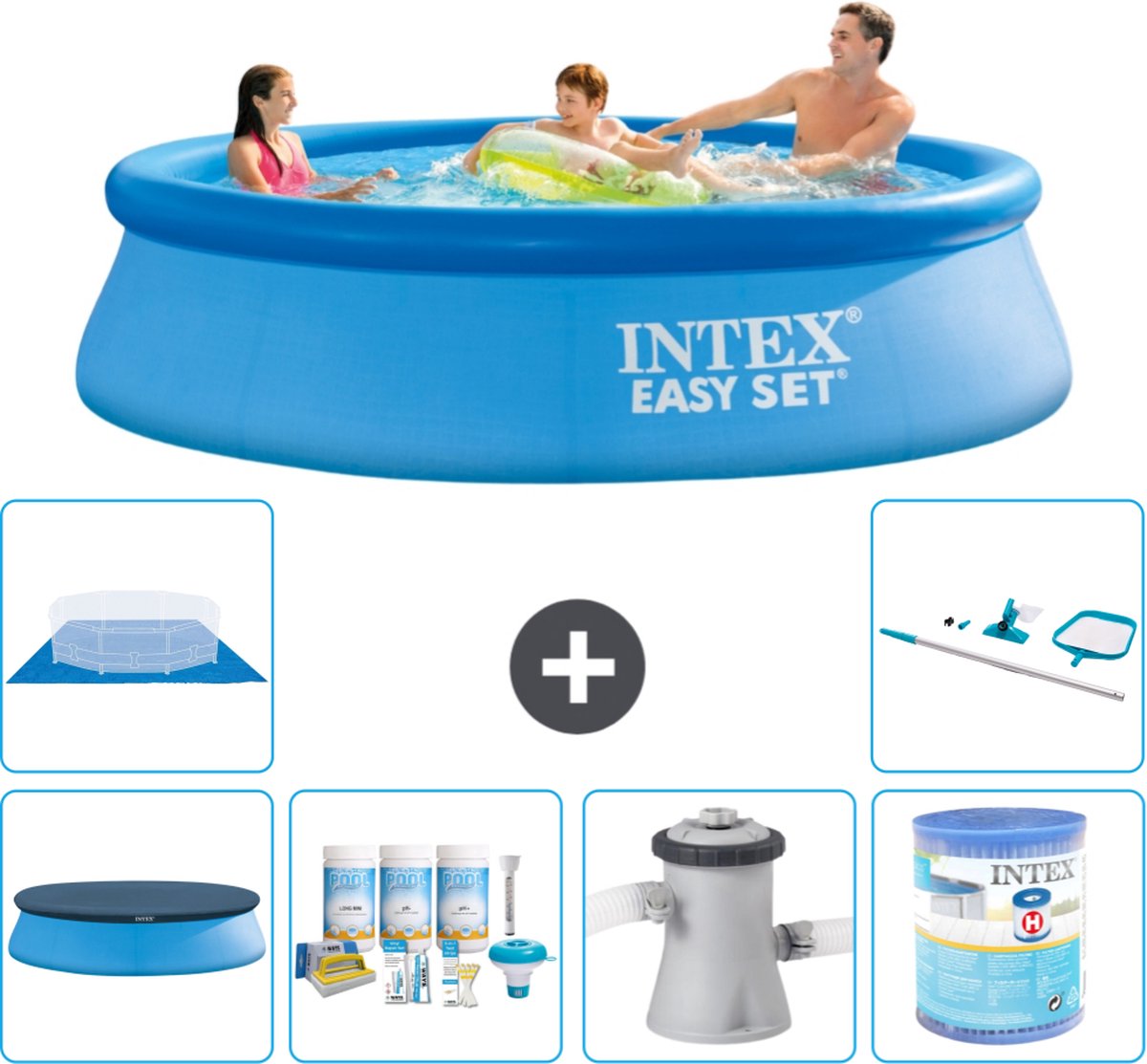 Intex Rond Opblaasbaar Easy Set Zwembad - 305 x 76 cm - Blauw - Inclusief Afdekzeil - Onderhoudspakket - Zwembadfilterpomp - Filter - Grondzeil - Schoonmaakset