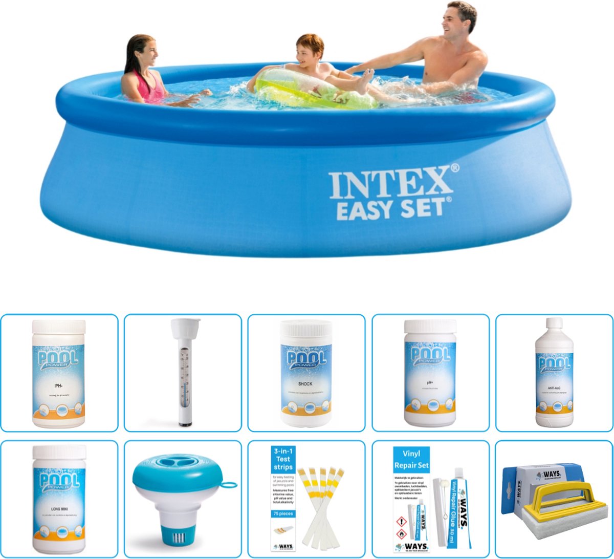 Intex Rond Opblaasbaar Easy Set Zwembad - 305 x 76 cm - Blauw - Inclusief Chloor - Chloordrijver - Testrips - Reparatiesetje - Scrubborstel - PH-waarde - PH-waarde - Thermometer - Algen - Chloor