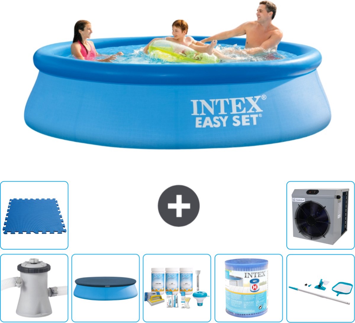 Intex Rond Opblaasbaar Easy Set Zwembad - 305 x 76 cm - Blauw - Inclusief Pomp Afdekzeil - Onderhoudspakket - Filter - Schoonmaakset - Vloertegels - Warmtepomp