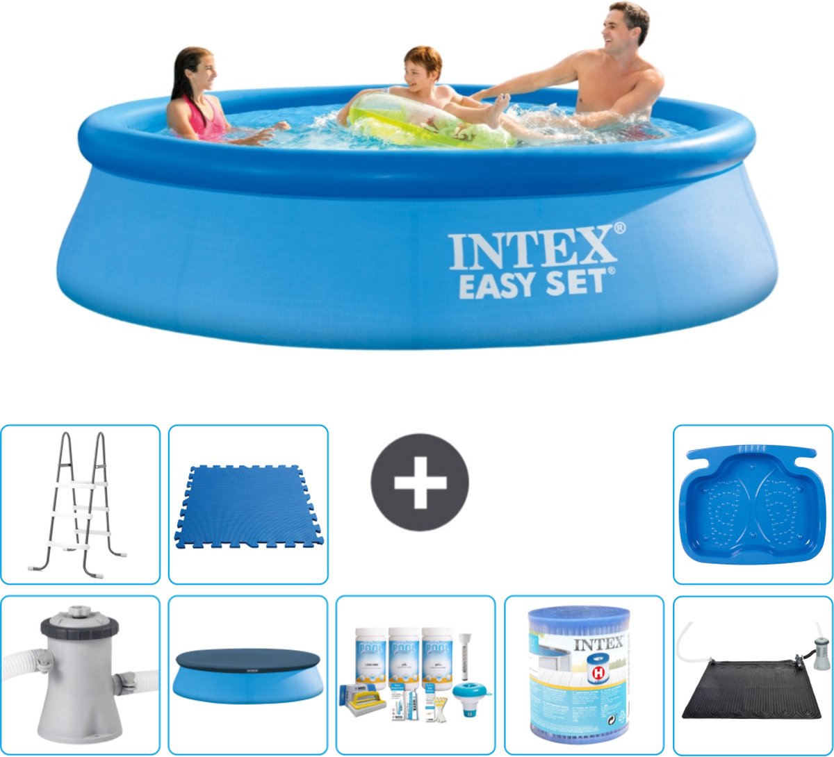 Intex Rond Opblaasbaar Easy Set Zwembad - 305 x 76 cm - Blauw - Inclusief Pomp Afdekzeil - Onderhoudspakket - Filter - Solar Mat - Ladder - Voetenbad - Vloertegels