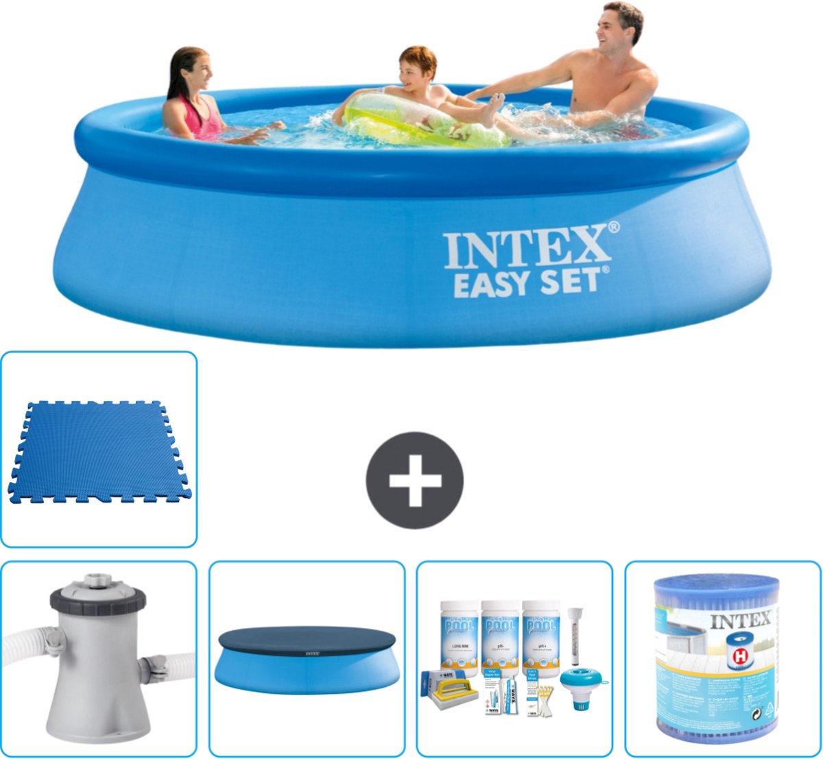 Intex Rond Opblaasbaar Easy Set Zwembad - 305 x 76 cm - Blauw - Inclusief Pomp Afdekzeil - Onderhoudspakket - Filter - Vloertegels