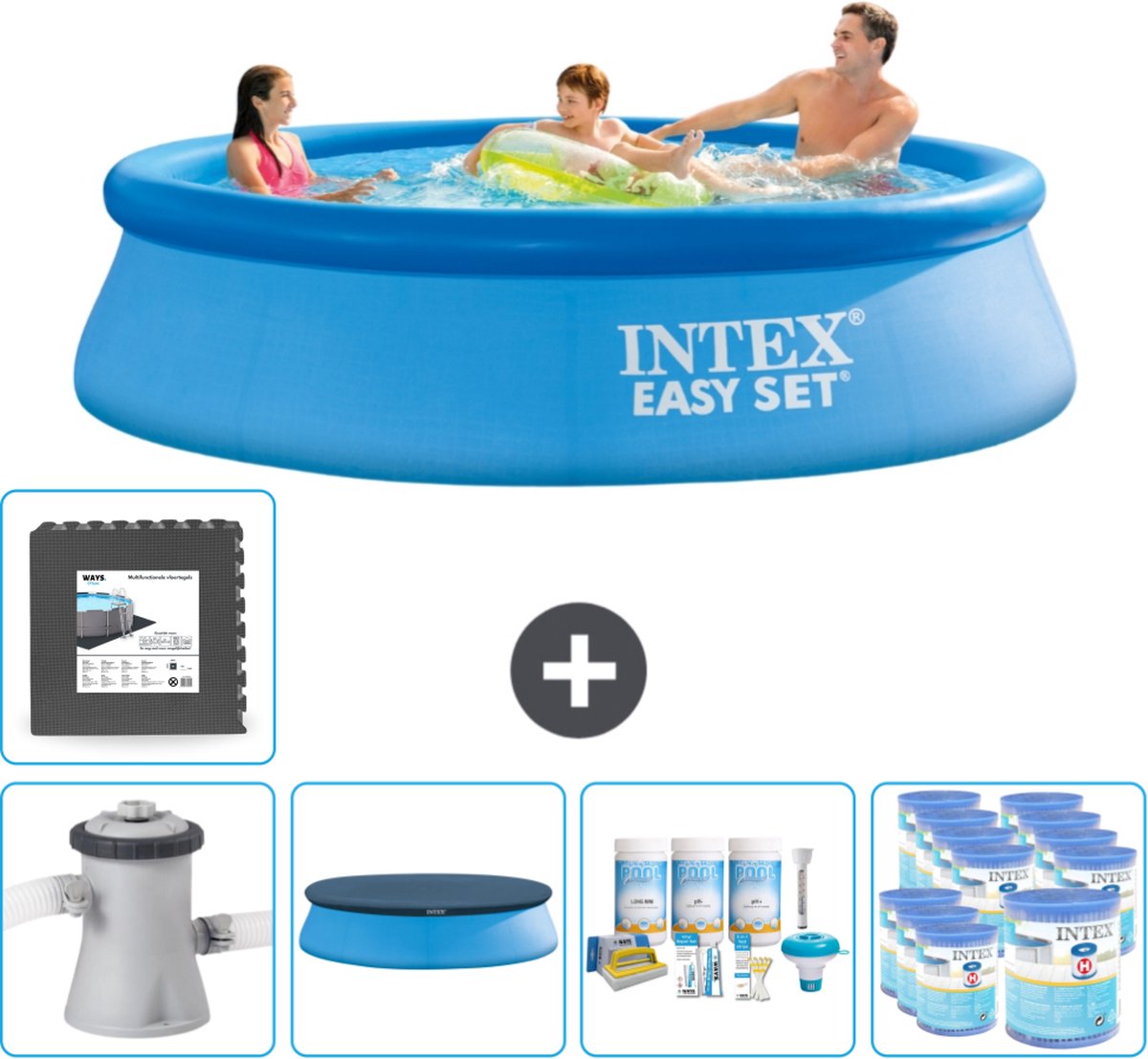 Intex Rond Opblaasbaar Easy Set Zwembad - 305 x 76 cm - Blauw - Inclusief Pomp Afdekzeil - Onderhoudspakket - Filters - Vloertegels