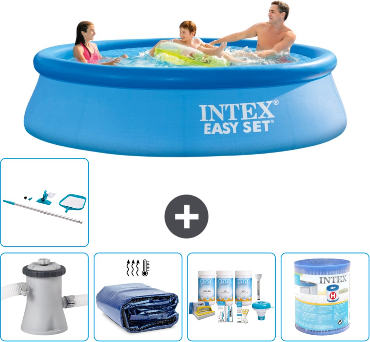 Intex Rond Opblaasbaar Easy Set Zwembad - 305 x 76 cm - Blauw - Inclusief Pomp Solarzeil - Onderhoudspakket - Filter - Schoonmaakset