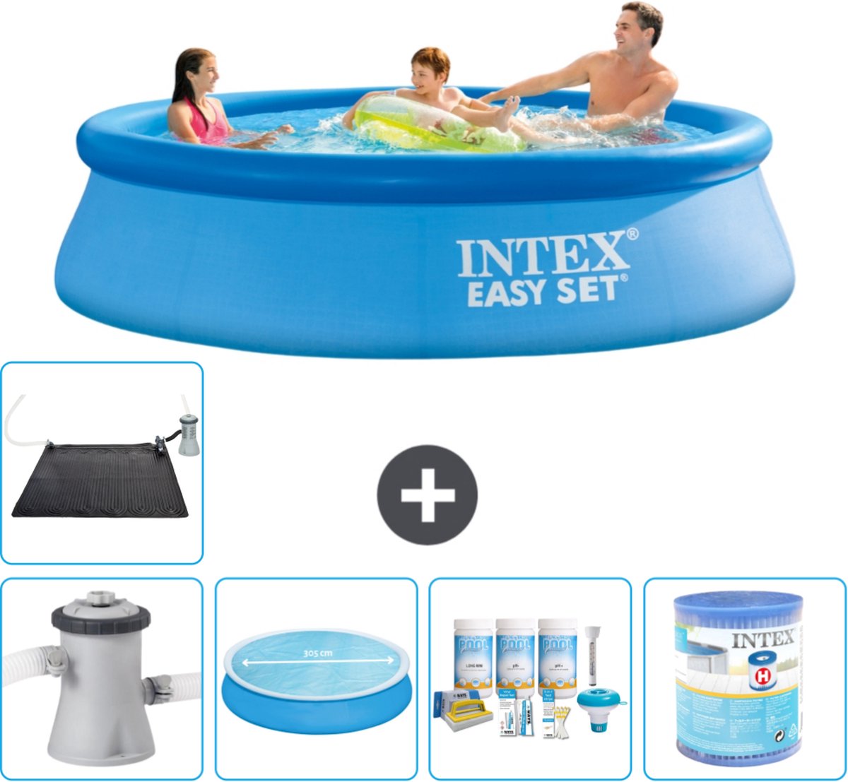 Intex Rond Opblaasbaar Easy Set Zwembad - 305 x 76 cm - Blauw - Inclusief Pomp Solarzeil - Onderhoudspakket - Filter - Solar Mat - Vloertegels