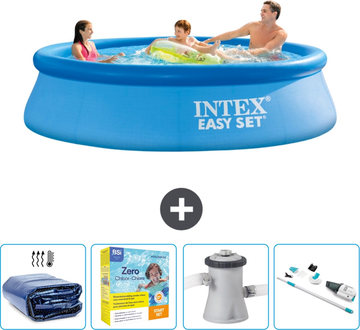 Intex Rond Opblaasbaar Easy Set Zwembad - 305 x 76 cm - Blauw - Inclusief Solarzeil - Onderhoudspakket - Zwembadfilterpomp - Stofzuiger