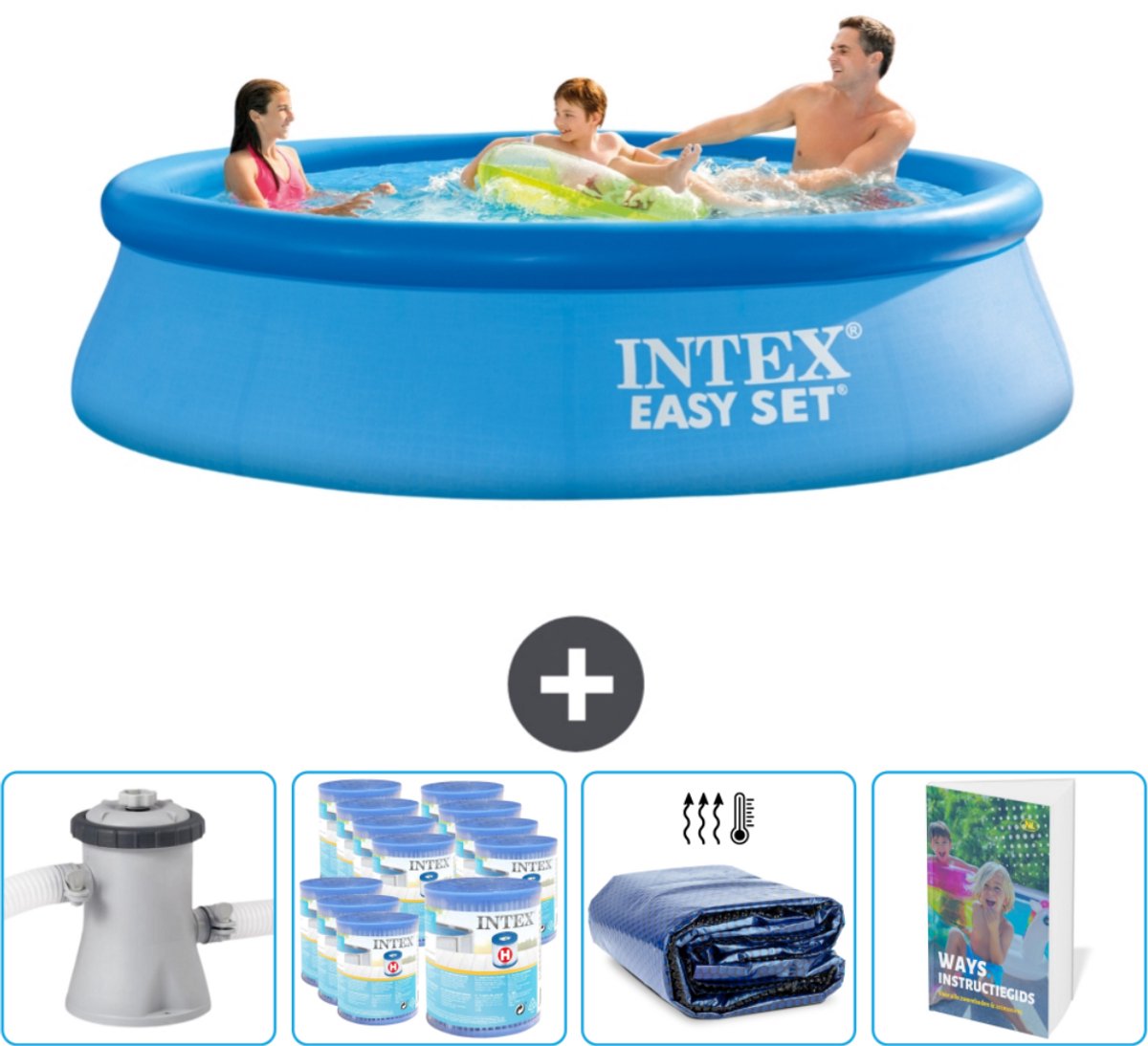 Intex Rond Opblaasbaar Easy Set Zwembad - 305 x 76 cm - Blauw - Inclusief Zwembadfilterpomp - Filters - Solarzeil - Zwembadgids