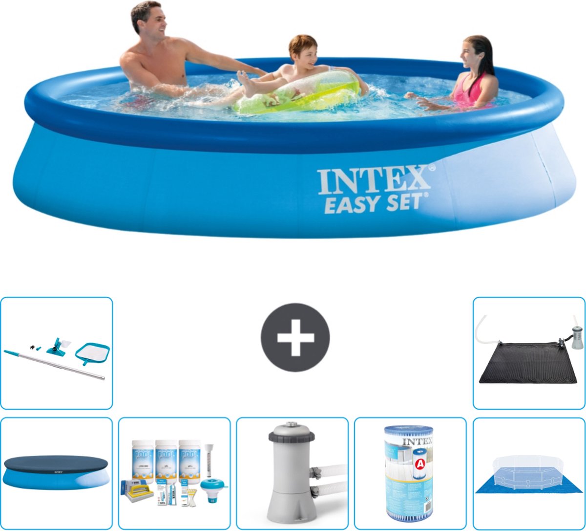 Intex Rond Opblaasbaar Easy Set Zwembad - 366 x 76 cm - Blauw - Inclusief Afdekzeil - Onderhoudspakket - Zwembadfilterpomp - Filter - Grondzeil - Schoonmaakset - Solar Mat