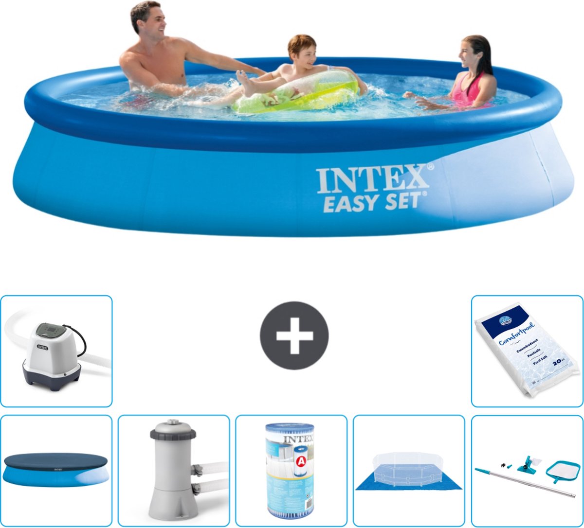 Intex Rond Opblaasbaar Easy Set Zwembad - 366 x 76 cm - Blauw - Inclusief Afdekzeil - Zwembadfilterpomp - Filter - Grondzeil - Schoonmaakset - Zoutwatersysteem - Zwembadzout