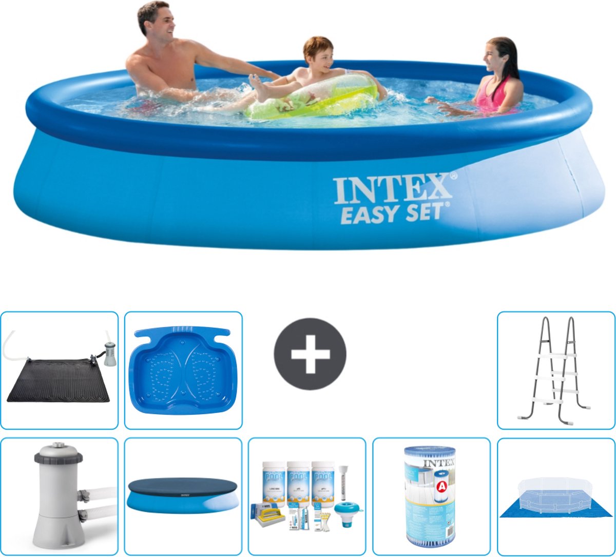 Intex Rond Opblaasbaar Easy Set Zwembad - 366 x 76 cm - Blauw - Inclusief Pomp Afdekzeil - Onderhoudspakket - Filter - Grondzeil - Solar Mat - Ladder - Voetenbad