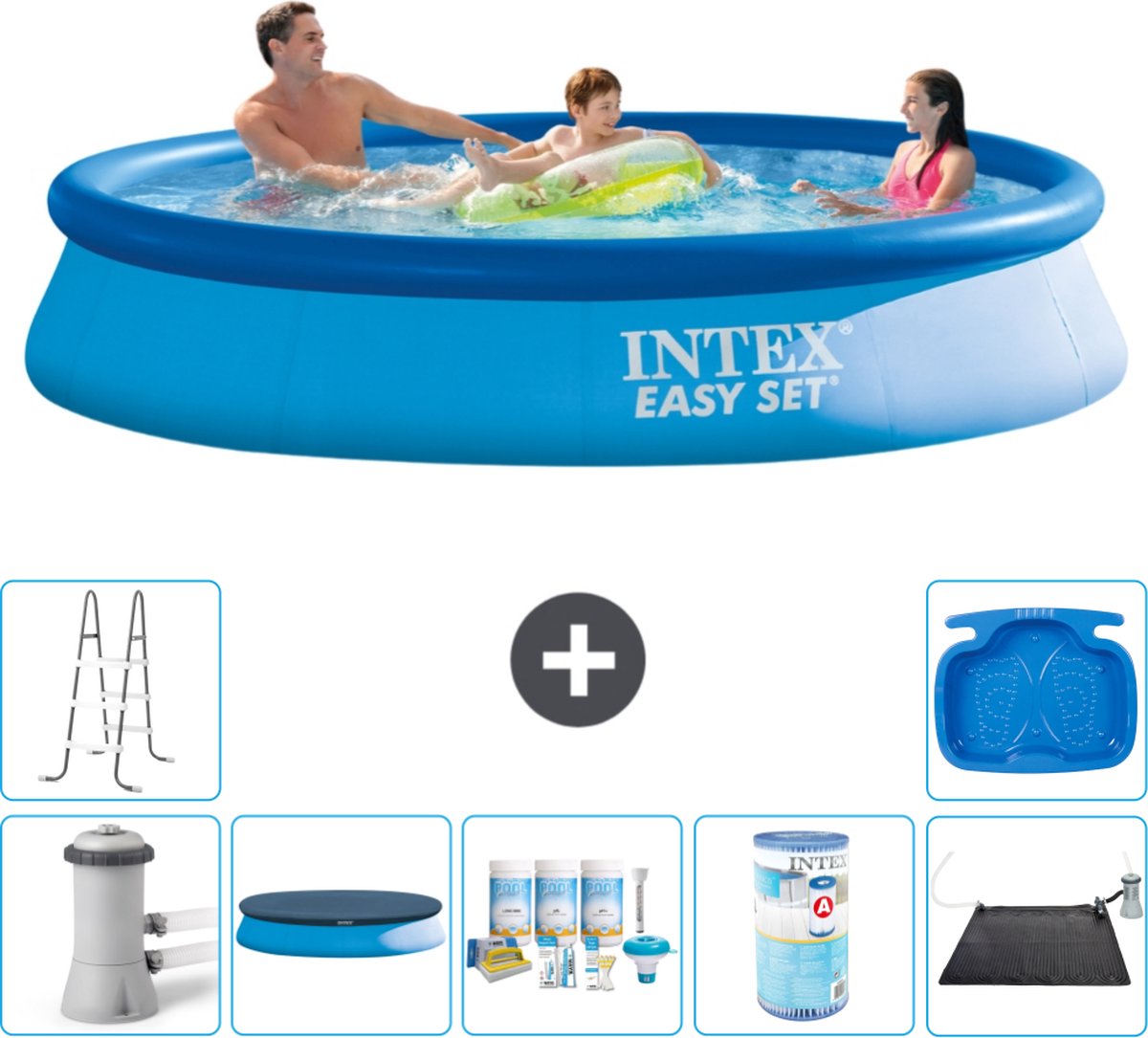 Intex Rond Opblaasbaar Easy Set Zwembad - 366 x 76 cm - Blauw - Inclusief Pomp Afdekzeil - Onderhoudspakket - Filter - Solar Mat - Ladder - Voetenbad