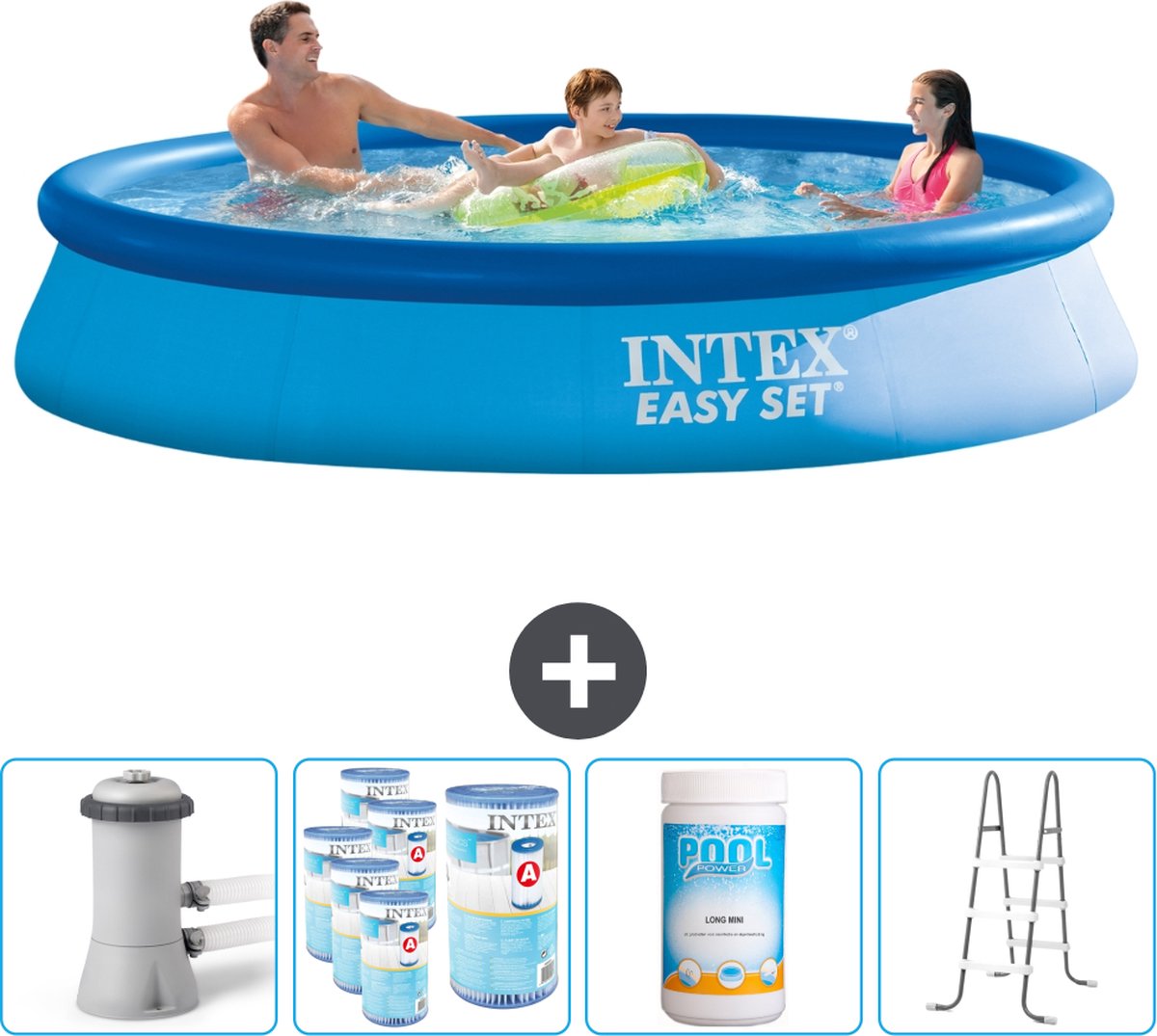Intex Rond Opblaasbaar Easy Set Zwembad - 366 x 76 cm - Blauw - Inclusief Pomp Filters - Chloor - Ladder