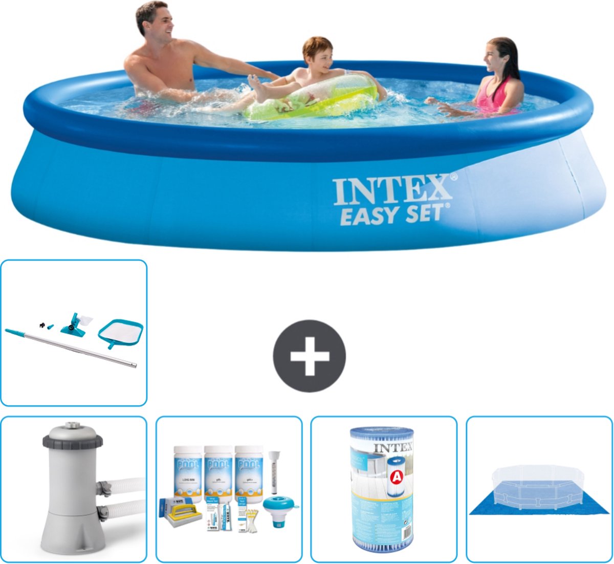 Intex Rond Opblaasbaar Easy Set Zwembad - 366 x 76 cm - Blauw - Inclusief Pomp Onderhoudspakket - Filter - Grondzeil - Schoonmaakset - Solar Mat