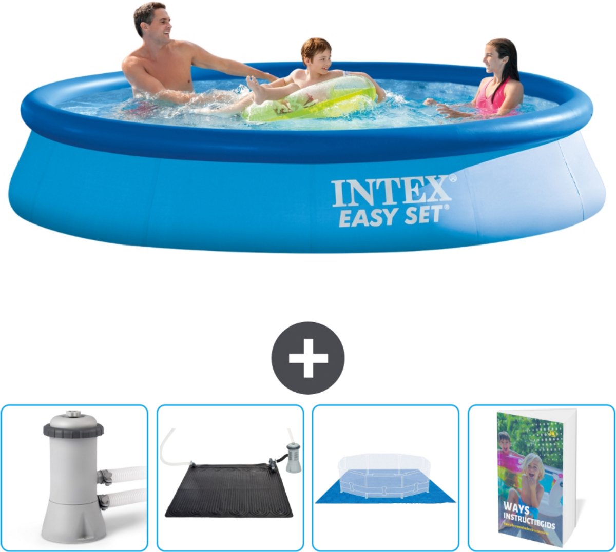 Intex Rond Opblaasbaar Easy Set Zwembad - 366 x 76 cm - Blauw - Inclusief Pomp Solar Mat - Grondzeil - Zwembadgids