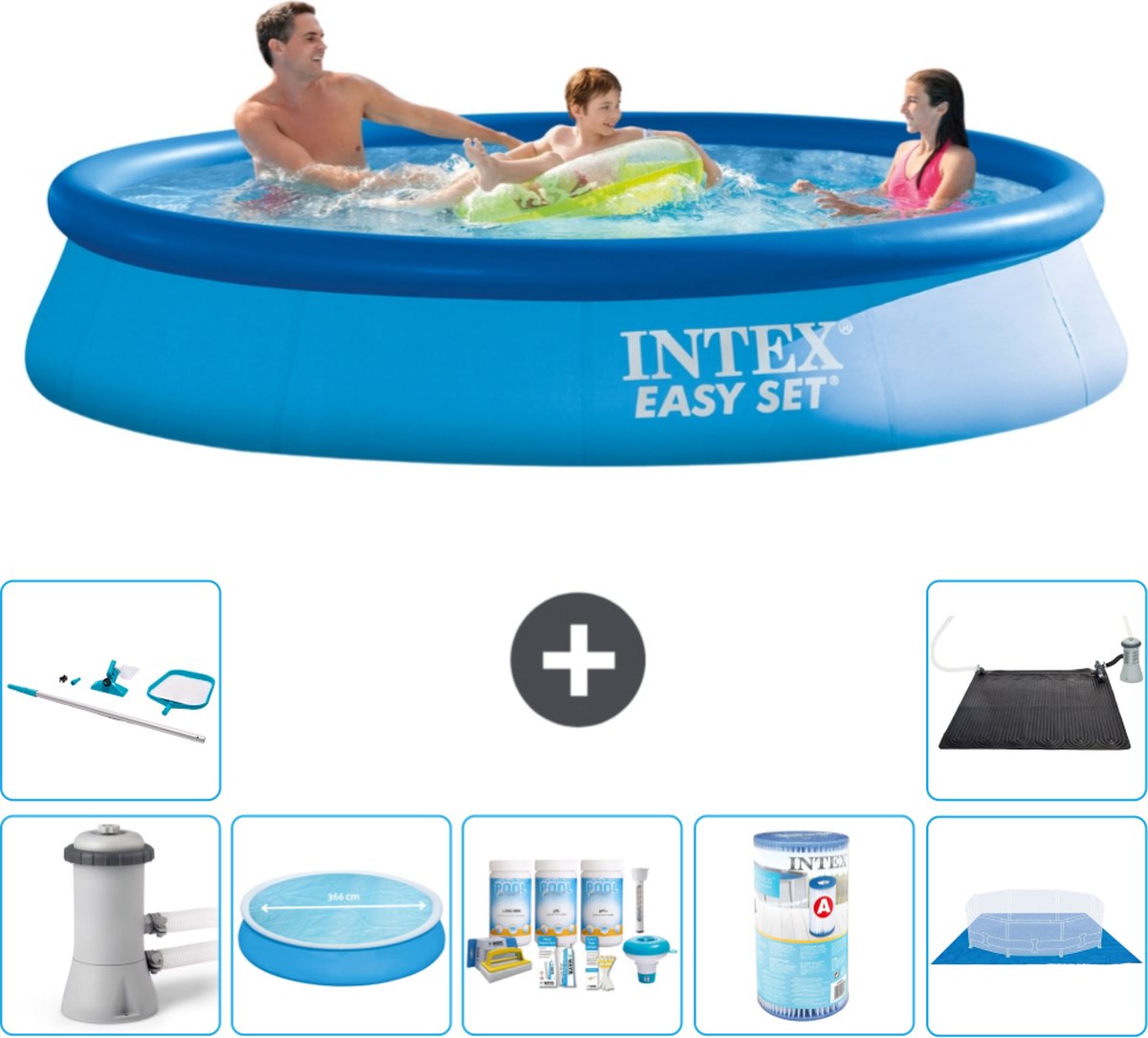 Intex Rond Opblaasbaar Easy Set Zwembad - 366 x 76 cm - Blauw - Inclusief Pomp Solarzeil - Onderhoudspakket - Filter - Grondzeil - Schoonmaakset - Solar Mat