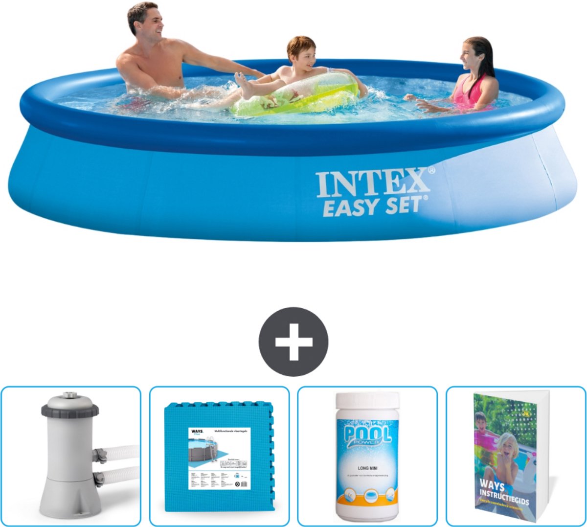 Intex Rond Opblaasbaar Easy Set Zwembad - 366 x 76 cm - Blauw - Inclusief Pomp Vloertegels - Chloor - Zwembadgids