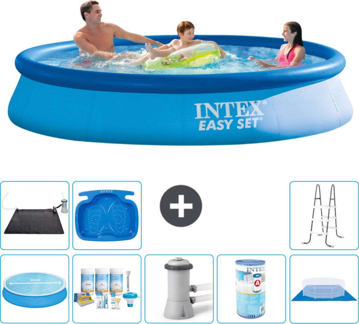 Intex Rond Opblaasbaar Easy Set Zwembad - 366 x 76 cm - Blauw - Inclusief Solarzeil - Onderhoudspakket - Zwembadfilterpomp - Filter - Grondzeil - Solar Mat - Ladder - Voetenbad