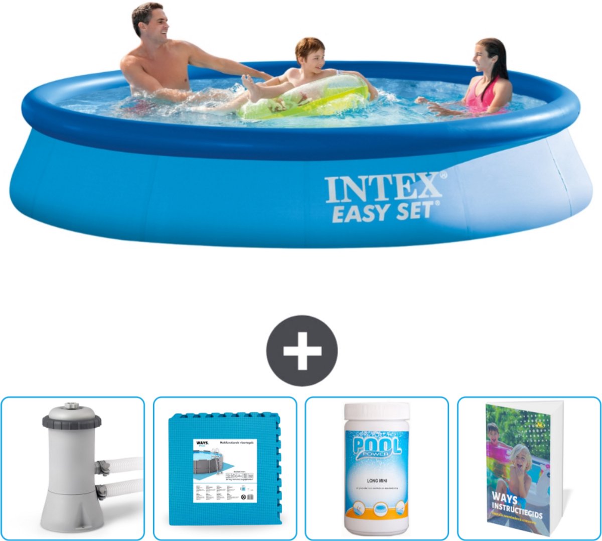 Intex Rond Opblaasbaar Easy Set Zwembad - 366 x 76 cm - Blauw - Inclusief Zwembadfilterpomp - Vloertegels - Chloor - Zwembadgids