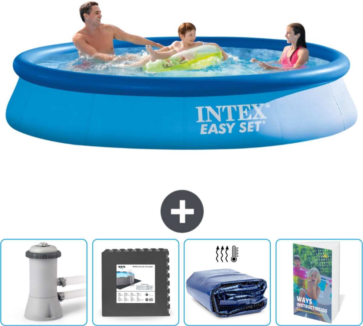 Intex Rond Opblaasbaar Easy Set Zwembad - 366 x 76 cm - Blauw - Inclusief Zwembadfilterpomp - Vloertegels - Solarzeil - Zwembadgids