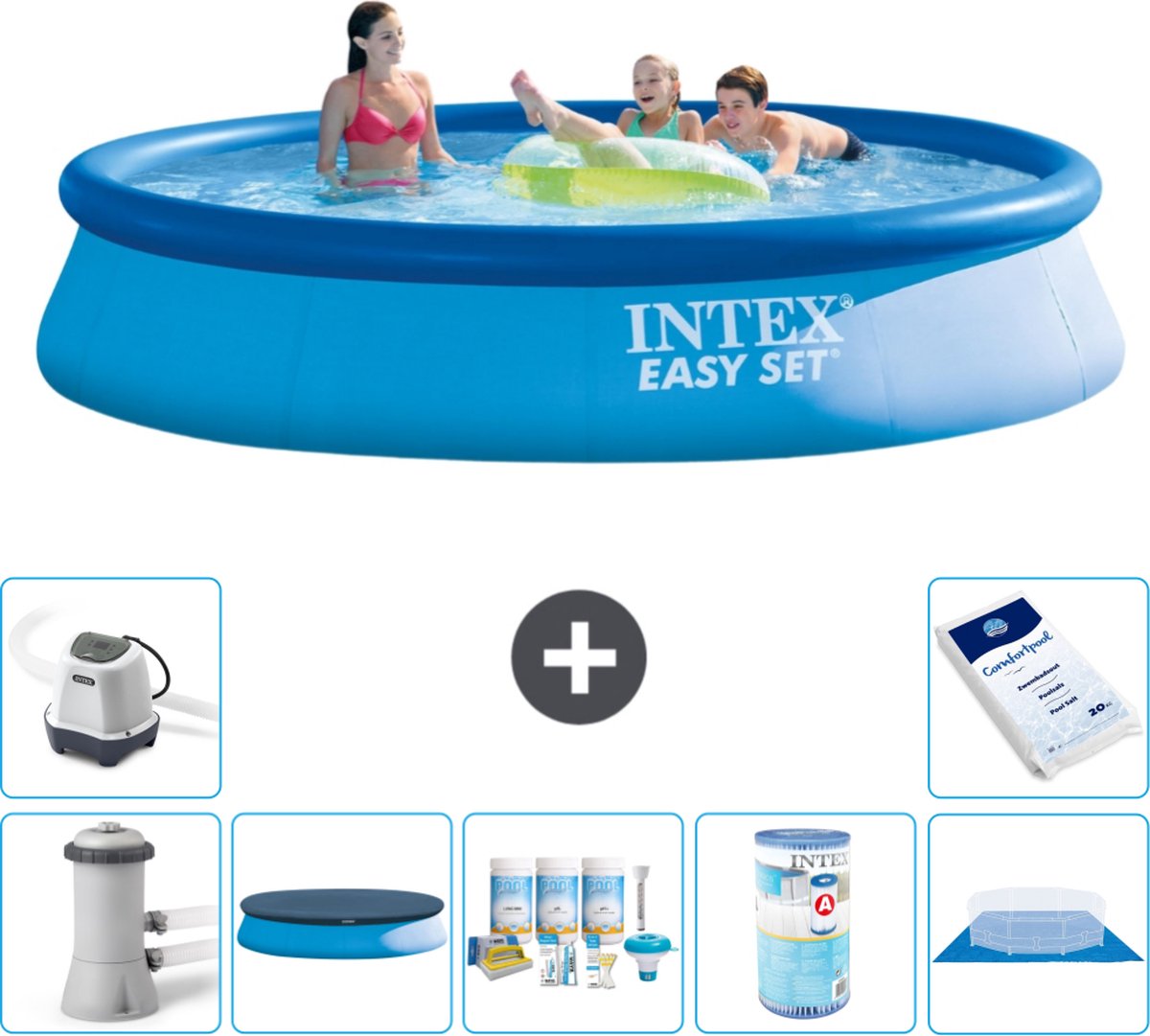 Intex Rond Opblaasbaar Easy Set Zwembad - 396 x 84 cm - Blauw - Inclusief Pomp Afdekzeil - Onderhoudspakket - Filter - Grondzeil - Zoutwatersysteem - Zwembadzout