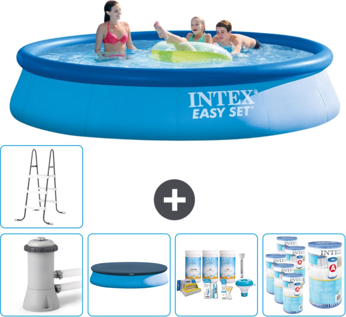 Intex Rond Opblaasbaar Easy Set Zwembad - 396 x 84 cm - Blauw - Inclusief Pomp Afdekzeil - Onderhoudspakket - Filters - Ladder