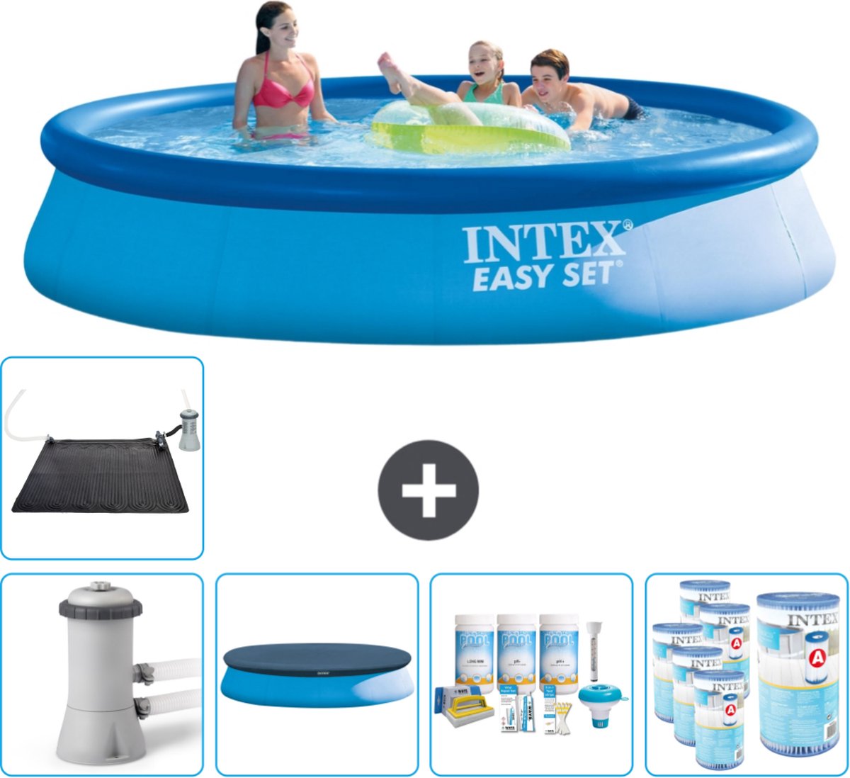 Intex Rond Opblaasbaar Easy Set Zwembad - 396 x 84 cm - Blauw - Inclusief Pomp Afdekzeil - Onderhoudspakket - Filters - Solar Mat