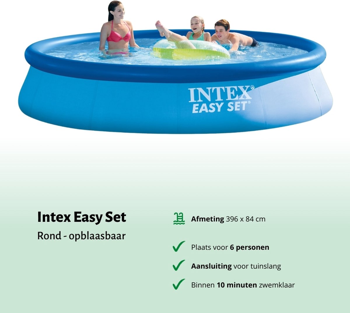 Intex Rond Opblaasbaar Easy Set Zwembad - 396 x 84 cm - Blauw - Inclusief Pomp Filters - Solar Mat - Chloor