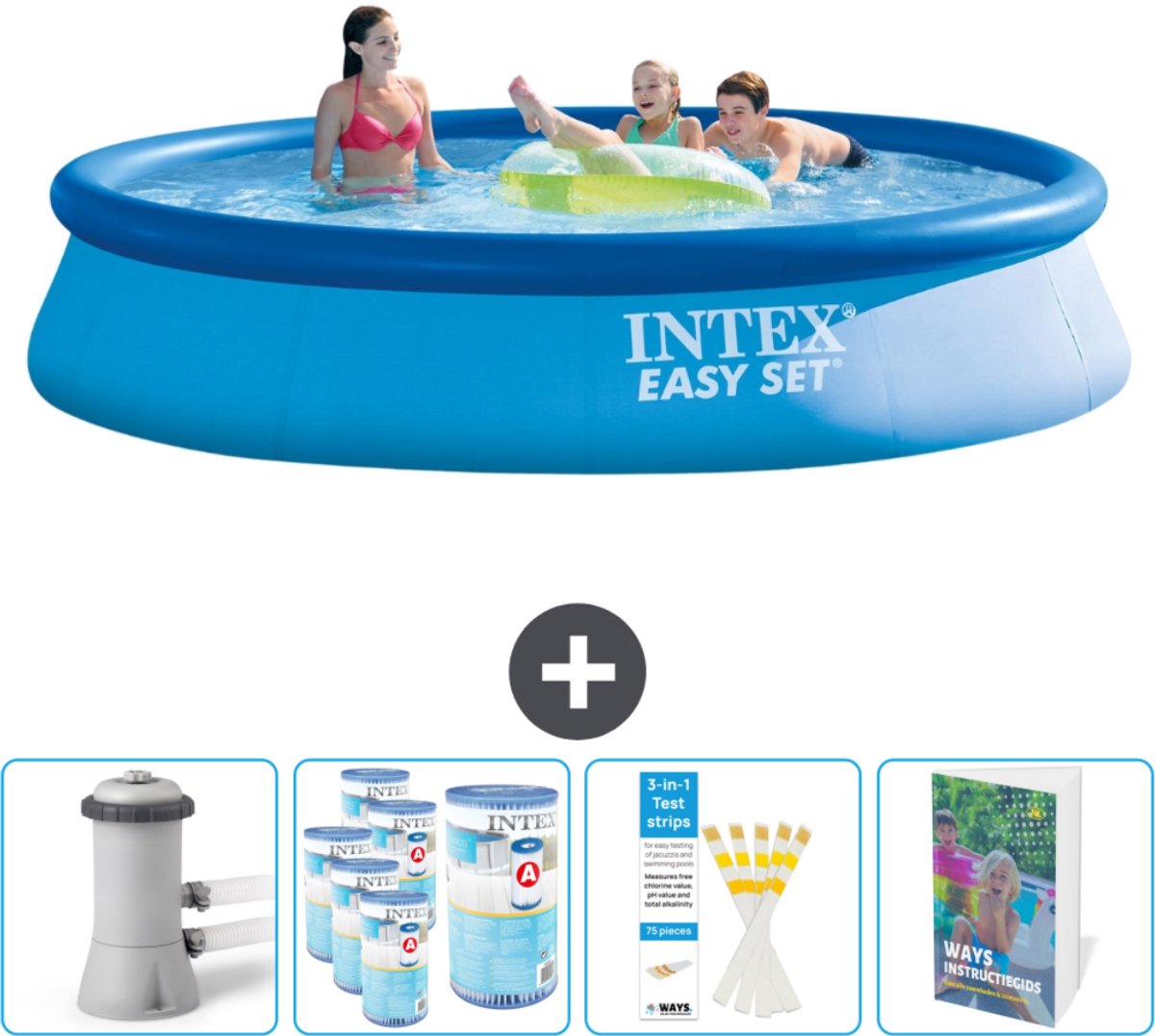 Intex Rond Opblaasbaar Easy Set Zwembad - 396 x 84 cm - Blauw - Inclusief Pomp Filters - Testrips - Zwembadgids
