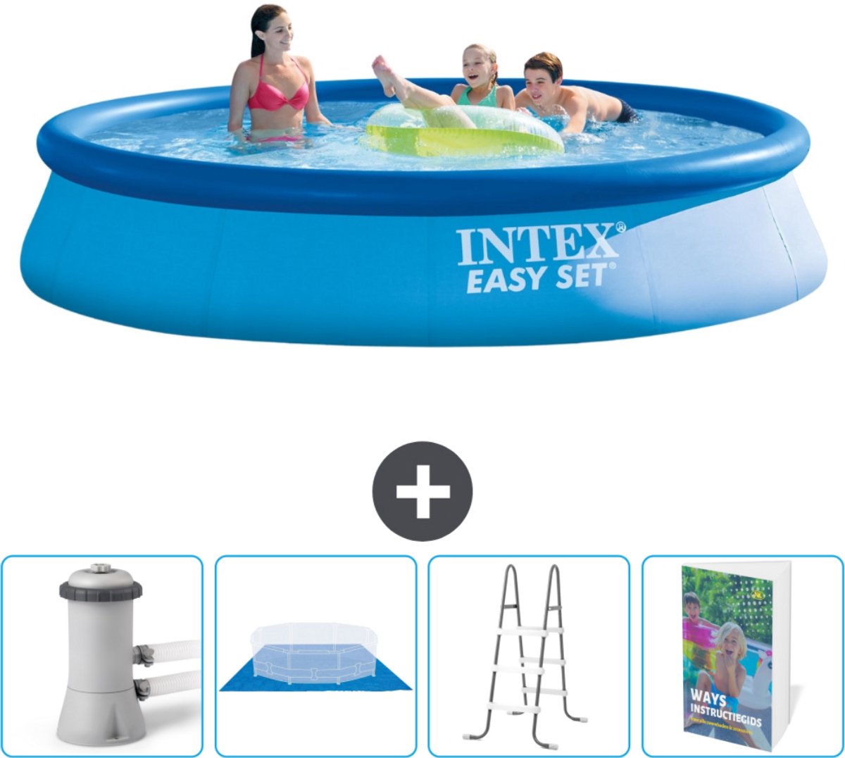 Intex Rond Opblaasbaar Easy Set Zwembad - 396 x 84 cm - Blauw - Inclusief Pomp Grondzeil - Ladder - Zwembadgids