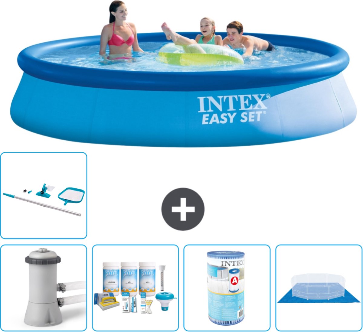 Intex Rond Opblaasbaar Easy Set Zwembad - 396 x 84 cm - Blauw - Inclusief Pomp Onderhoudspakket - Filter - Grondzeil - Schoonmaakset - Solar Mat