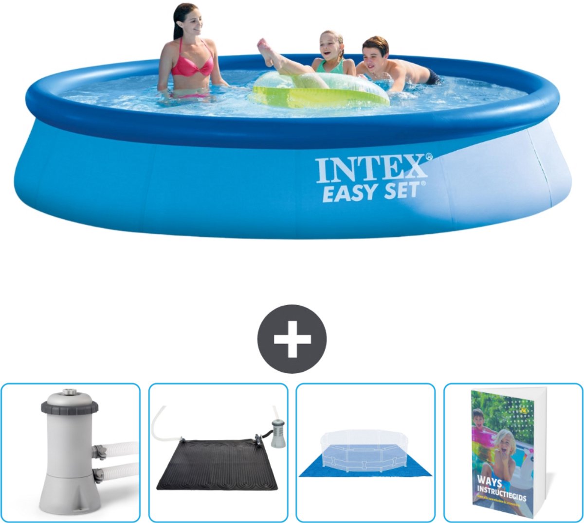 Intex Rond Opblaasbaar Easy Set Zwembad - 396 x 84 cm - Blauw - Inclusief Pomp Solar Mat - Grondzeil - Zwembadgids