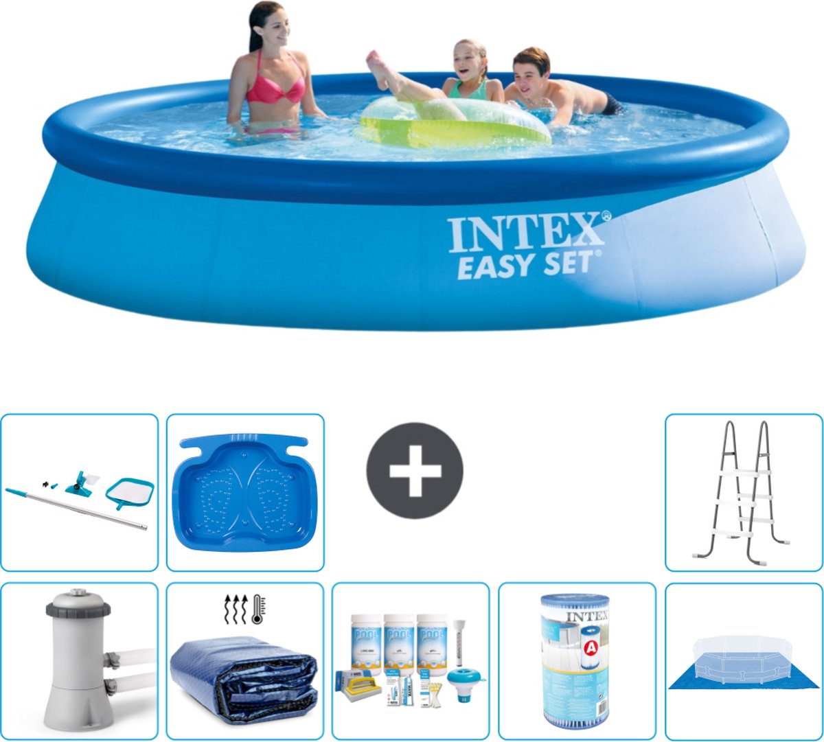 Intex Rond Opblaasbaar Easy Set Zwembad - 396 x 84 cm - Blauw - Inclusief Pomp Solarzeil - Onderhoudspakket - Filter - Grondzeil - Schoonmaakset - Ladder - Voetenbad