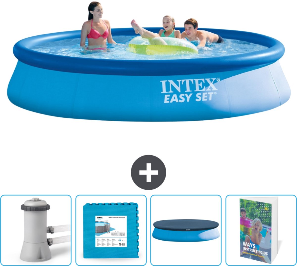 Intex Rond Opblaasbaar Easy Set Zwembad - 396 x 84 cm - Blauw - Inclusief Pomp Vloertegels - Afdekzeil - Zwembadgids