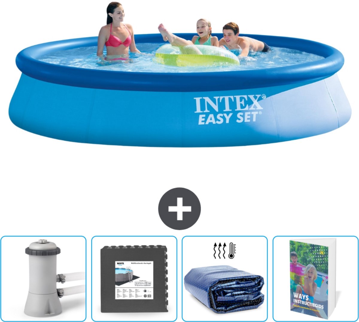 Intex Rond Opblaasbaar Easy Set Zwembad - 396 x 84 cm - Blauw - Inclusief Pomp Vloertegels - Solarzeil - Zwembadgids